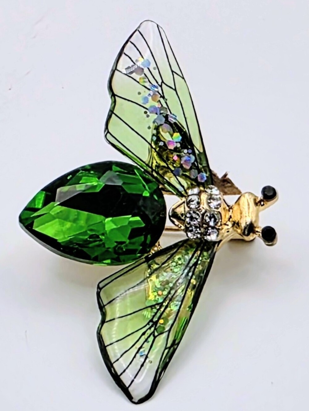✨ Green Crystal Dragonfly Brooch Gold Tone Fairycore Pin ✨